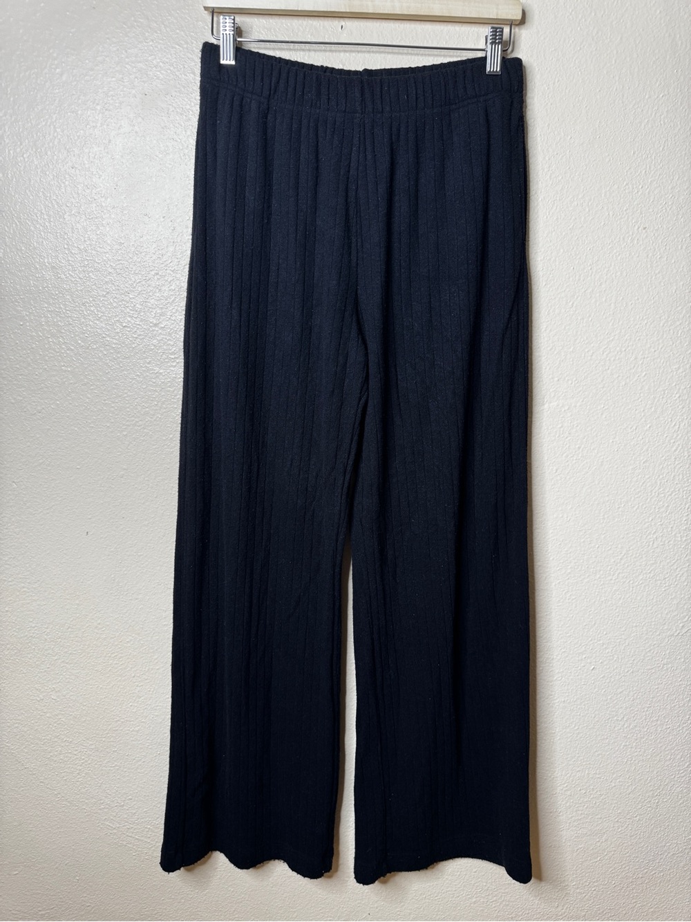 White Fox Womens M Black Ribbed Knit Wide Leg Pull On Lounge Pants
